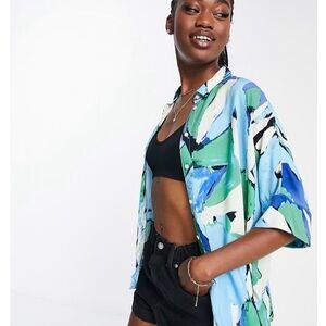 Abstract Blue and Green Button-Up Shirt